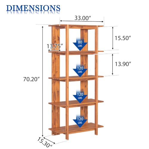 4 Shelf Narrow Teak Bookcase H-70 L-33 Acacia Wood Open Bookshelf, view 3
