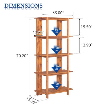 4 Shelf Narrow Teak Bookcase H-70 L-33 Acacia Wood Open Bookshelf, view 3