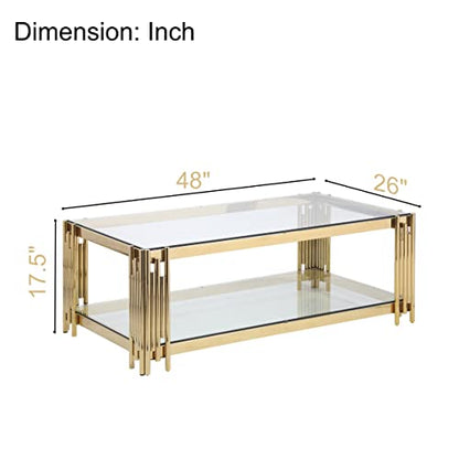 Luxury Clear Glass Coffee Table with Gold Stainless Steel Frame | Rectangle 2-Tier Coffee Table for Living Room Modern Elegant Cocktail Center Table with Storage Shelves for Home Office