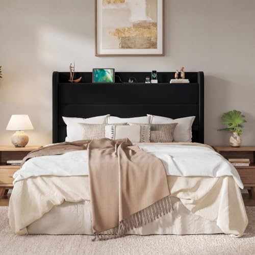 Storage Queen Bed Frame with Charging Station Headboard, Black, view 5