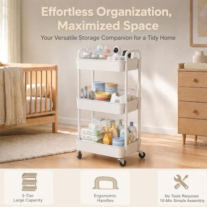 3 Tier Rolling Cart with Wheels, Utility Storage Carts,White, view 5