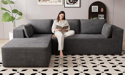106" Cloud Sectional Boneless Couches for Living Room, Modular L Shaped Couch with Deep Seat Oversized Left Facing Chaise, Memory Foam Compressed Spineless 3 Seater Sofa for Bedroom Apartment, Grey