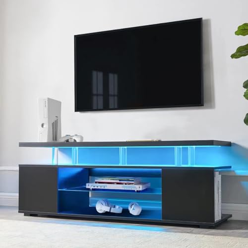 TV Stand for 70 Inch TV LED Gaming Entertainment Center Media Storage Console Table with Large Side Cabinet for Living Room Black