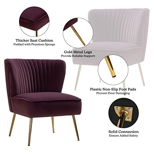 Velvet Accent Chair, Modern Upholstered Cute Side Chair with Gold Metal Legs, Armless Wingback Slipper Chair Comfy Living Room Chair for Bedroom Guest Room Vanity, Purple