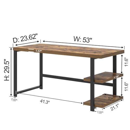 Modern Computer Desk, Home Office Desk with Storage Shelf, Wood Study Writing Table Workstation for Bedroom Living Room, Rustic Brown, 53 Inch