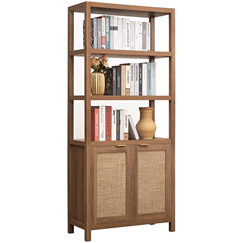 Bookshelf 5 Tier Book Shelf Rattan Boho 71" Tall Bookcase with Doors Storage Shelves Large Bookshelves Farmhouse Bookcases Library Book Case for Living Room Bedroom Home Office Kitchen | Book Shelf