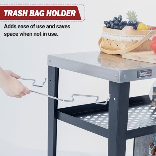PC3404S Rolling Dining Table with Trash Bag Holder, Outdoor Garden Patio BBQ Kitchen Food Prep Table Cart, 34"L x 20"W Stainless Steel Tabletop, Silver & Black