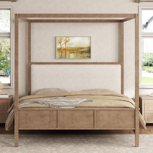 Canopy Bed King Size with Upholstered Headboard, Footboard, Natural, view 2