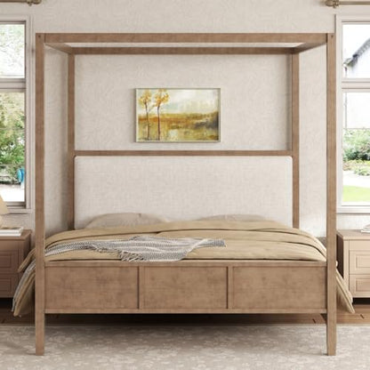 Canopy Bed King Size with Upholstered Headboard, Footboard, Natural, view 2