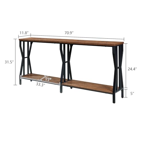 Sofa Console Table, 70.9" Extra Long Sofa Table with 2-Tier Storage, Industrial Narrow Console Tables Behind Couch, Hallway Table for Entryway, Living Room, Rustic Brown