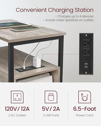 VASAGLE Side End Table with Charging Station, Slim Nightstand with 2 Drawers, Narrow Bedside Table for Living Room, Small Spaces, Heather Greige and Ink Black ULET321B02V1S