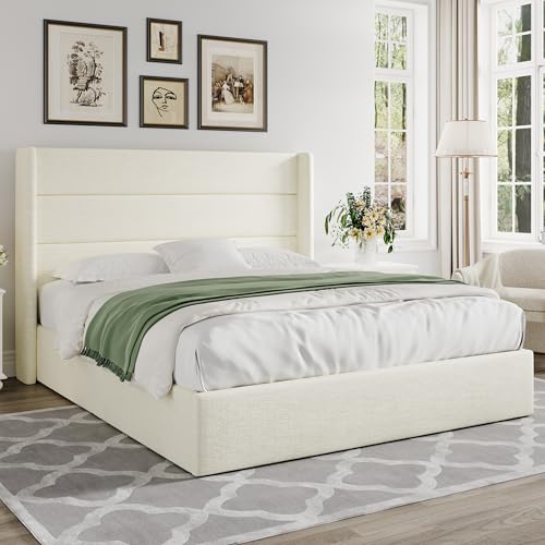 Queen Size Chenille Lift Up Hydraulic Storage Bed Frame Cream White, view 8