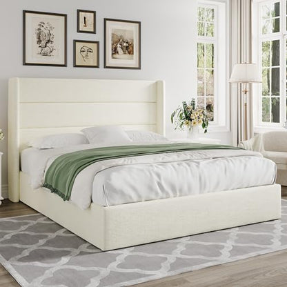 Queen Size Chenille Lift Up Hydraulic Storage Bed Frame Cream White, view 8