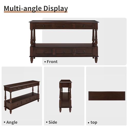 54'' Solid Wood Console Table, Farmhouse Entryway Table with 6 Drawers and Shelf, Narrow Long Sofa Table with Storage for Living Room Hallway, Couch, Foyer (Espresso)