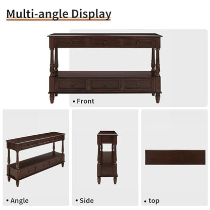 54'' Solid Wood Console Table, Farmhouse Entryway Table with 6 Drawers and Shelf, Narrow Long Sofa Table with Storage for Living Room Hallway, Couch, Foyer (Espresso)