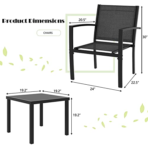 3 Pieces Patio Furniture Set Outdoor Conversation Textilene Fabric Chairs for Lawn, Garden, Balcony, Poolside with A Glass Coffee Table, Black