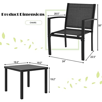 3 Pieces Patio Furniture Set Outdoor Conversation Textilene Fabric Chairs for Lawn, Garden, Balcony, Poolside with A Glass Coffee Table, Black