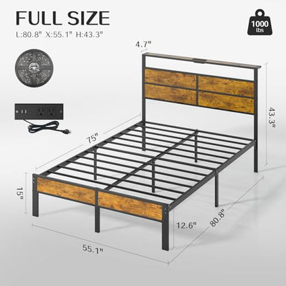 Full Size Bed Frame, Full Bed with Charging Station Headboard and LED Lights, view 3
