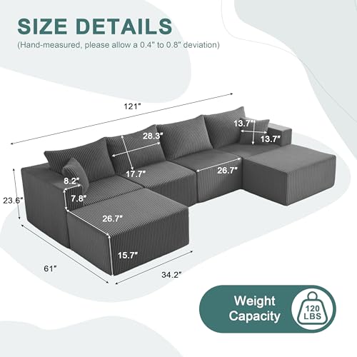121''Modular Sectional Sofa with 2 Ottoman, Boneless couches for Living Room Furniture, Comfort U Shaped Sofa, Deep Seat Corner Couch, No Assembly Required（Gray, Corduroy）