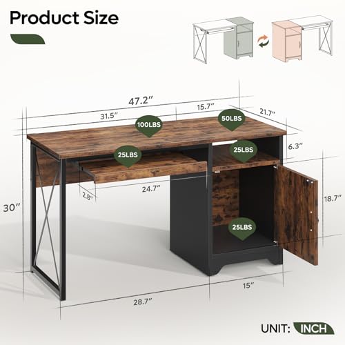Office Desk with Keyboard Tray, 47 inch Industrial Computer Desk with Storage, Reversible Executive Desk with File Cabinet for Home Office Bedroom, Rustic Brown