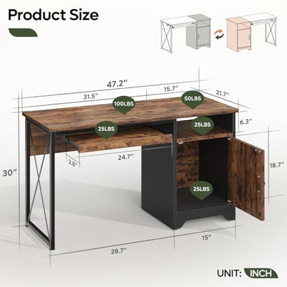 Office Desk with Keyboard Tray, 47 inch Industrial Computer Desk with Storage, Reversible Executive Desk with File Cabinet for Home Office Bedroom, Rustic Brown