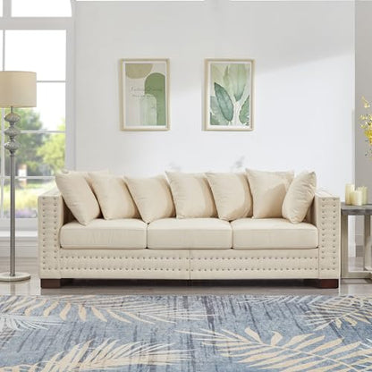 GDFStudio 84.5" Mid-Century Modern Sofa with Storage, 3 Seater Deep Seat Upholstered Velvet Sofa Couch, Silver Nailhead and Square Arms, Solid Wood Legs, Accent Sofa for Living Room Bedroom, Apricot
