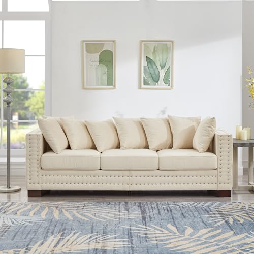 GDFStudio 84.5" Mid-Century Modern Sofa with Storage, 3 Seater Deep Seat Upholstered Velvet Sofa Couch, Silver Nailhead and Square Arms, Solid Wood Legs, Accent Sofa for Living Room Bedroom, Apricot