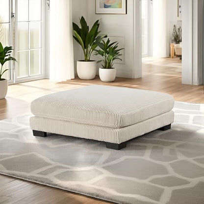 45 Inch Ottoman, Attached Seat Cushion in Beige Corduroy Fabric, Wood