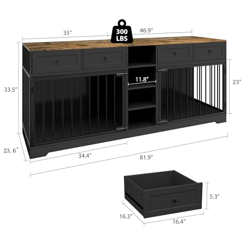 82" Double Dog Crate Furniture, Large Dog Kennel Indoor for 2 Dogs, Heavy Duty Wooden Dog Crate TV Stand with 4 Drawers and Shelves, Black