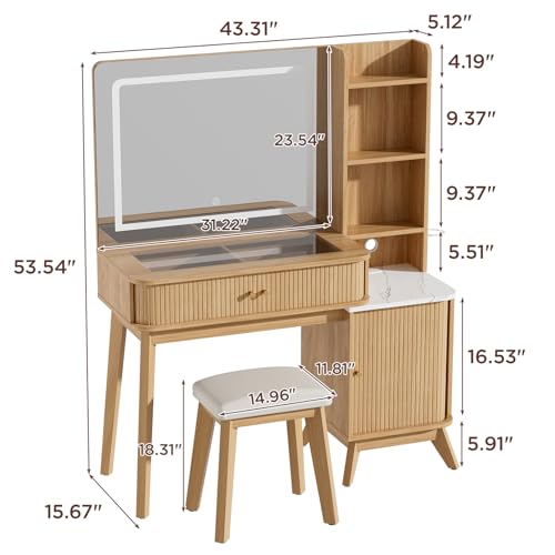 Fluted Makeup Vanity Desk with Mirror and Lights, view 3