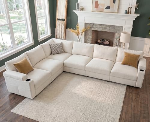 Sectional Couches for Living Room FSC Certified Velvet Modular Couch Oversized Cloud U Shaped Convertible Sleeper Sofa Chaise Detachable Armrest Cushion (Chenille Beige, L Shape 6 Seat)