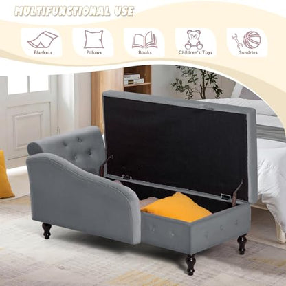 Velvet Chaise Lounge w/Left Armrest & Storage Space, Grey, view 5