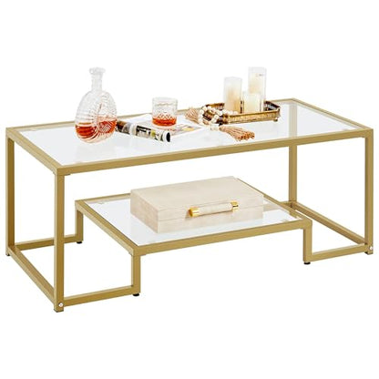 Yaheetech Gold Coffee Table, 42" Rectangular Glass Coffee Table for Living Room, 2-Tier Living Room Tables with Storage Center Tea Tables with Metal Frame for Small Space, Apartment, Office