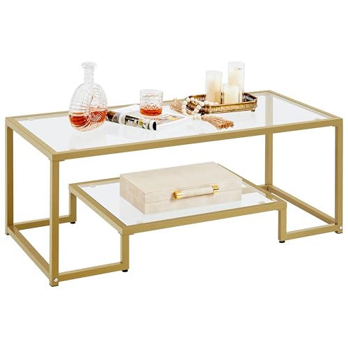 Yaheetech Gold Coffee Table, 42" Rectangular Glass Coffee Table for Living Room, 2-Tier Living Room Tables with Storage Center Tea Tables with Metal Frame for Small Space, Apartment, Office