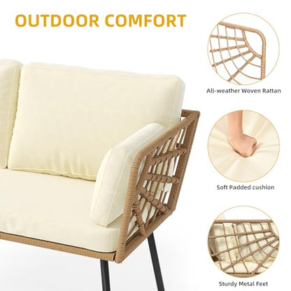 2 Pieces Patio Furniture Set, All-Weather Wicker Rattan Loveseat with Thick Cushions & Table, Outdoor Conversation Set for Patio, Balcony, Backyard, Deck, Poolside