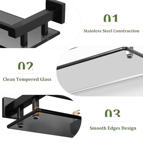 Glass Shelves for Bathroom Wall, Tempered Glass Bathroom Shelf Wall Mounted, Modern Space Saving Floating Shelves 12 inch, Matte Black