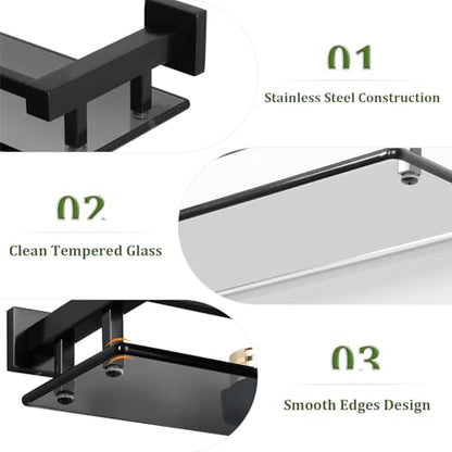 Glass Shelves for Bathroom Wall, Tempered Glass Bathroom Shelf Wall Mounted, Modern Space Saving Floating Shelves 12 inch, Matte Black
