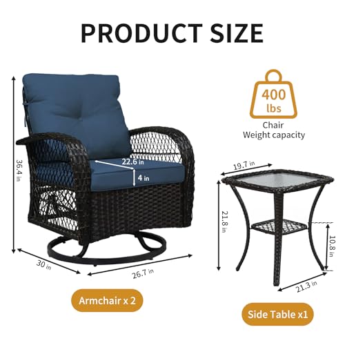 YLGJ&TIDY Outdoor Patio Furniture 3PCS Set Wicker Swivel Rocking Armchairs Set of 2 Rattan Coffee Table Cushions Patio Swivel Glider Chairs Set for Backyard Balcony Garden (Blue, Wicker 1)