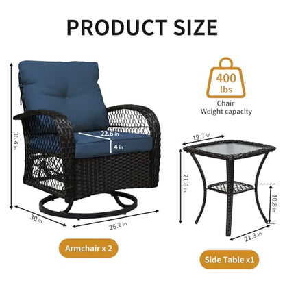 YLGJ&TIDY Outdoor Patio Furniture 3PCS Set Wicker Swivel Rocking Armchairs Set of 2 Rattan Coffee Table Cushions Patio Swivel Glider Chairs Set for Backyard Balcony Garden (Blue, Wicker 1)