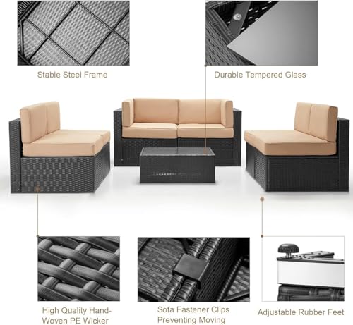 7 Piece Outdoor Patio Furniture Set, PE Rattan Patio Wicker Sectional Furniture Chair Set with Cushions and Tea Table, (Black Rattan&Beige Cushion with Cover)