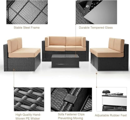 7 Piece Outdoor Patio Furniture Set, PE Rattan Patio Wicker Sectional Furniture Chair Set with Cushions and Tea Table, (Black Rattan&Beige Cushion with Cover)