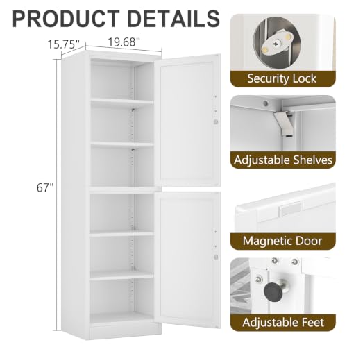 67" Metal Storage Cabinet with Lock, Tall Narrow Office File Cabinets with 2 Doors & 4 Adjustable Shelves, Metal Steel Locker for Home, School, Office, Garage or Gym (White)