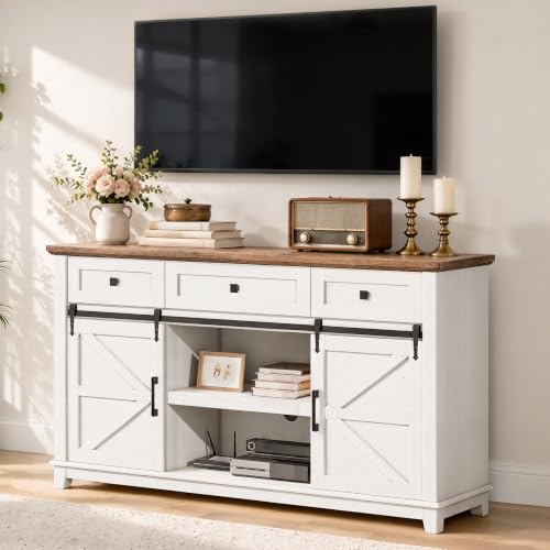 59" Farmhouse TV Stand with Storage Drawers, White & Barnwood, view 2