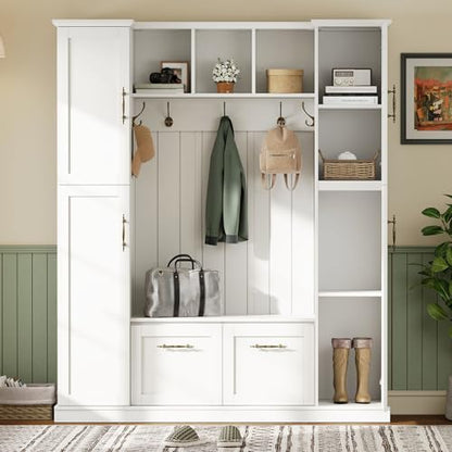 ON-TREND Farmhouse Elegant Hall Tree with 4 Side Cabinets, All-in-One Mudroom Furniture with Adjustable Shelves & Open Cubbies, Beadboard Entryway Bench with Coat Rack & 5 Hooks for Hallway, White