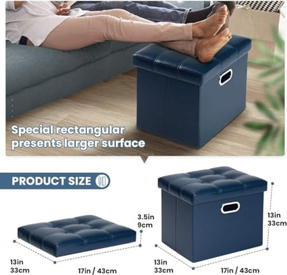Storage Ottoman 17x13x13in Leather Ottoman Rectangle Footrest Footstool Folding Ottoman for Room Dorm Small Collapsible Bench Seat Organizer Entryway Furniture with Handles Lid Royal Blue