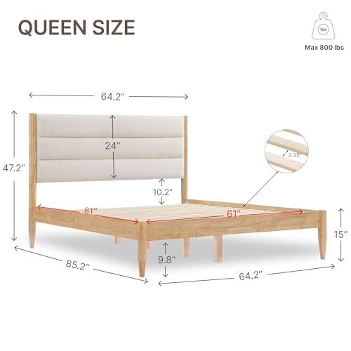 Wood Bed Frame with Upholstered Headboard, Oat, Queen, view 3