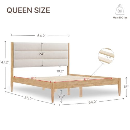 Wood Bed Frame with Upholstered Headboard, Oat, Queen, view 3
