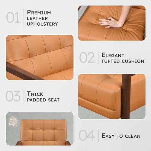 Modern Accent Chair, Luxury Genuine Leather Match Living Room Chair with Tufted Cushions, Solid Wood Frame and Arm Rest, Comfy Upholstered Single Seat for Bedroom/Reading/Office, Orange