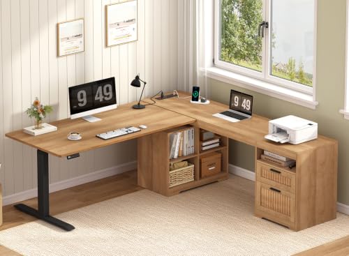 66 inch Fluted L Shaped Standing Desk with Storage for Home Office, view 2