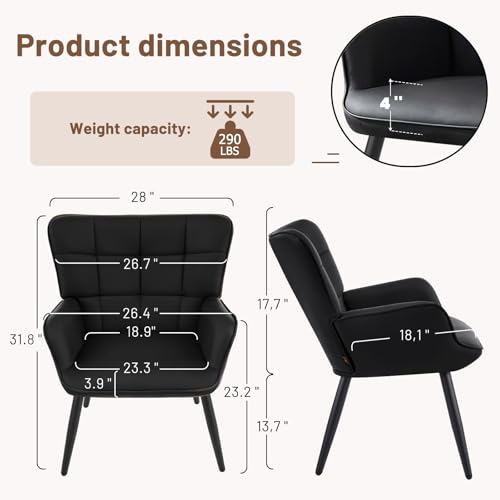 PU Leather Armchair, Modern Mid Century Accent Chair with Backrest & Metal Legs, Comfy Upholstered Barrel Chair for Living Room Bedroom Home Office Vanity Room, Black
